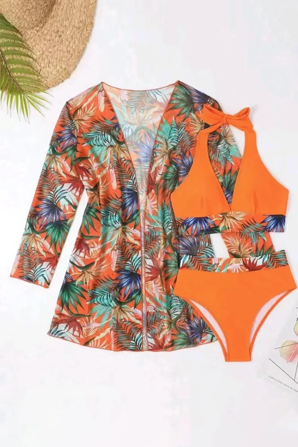 Floral Print Halter Neck Three-Piece Swimsuit