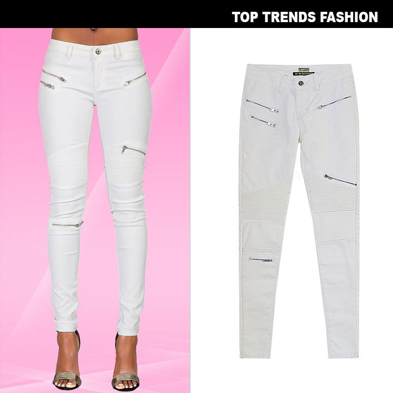 Faux Leather Demin Zipper Tight Fit Jeans