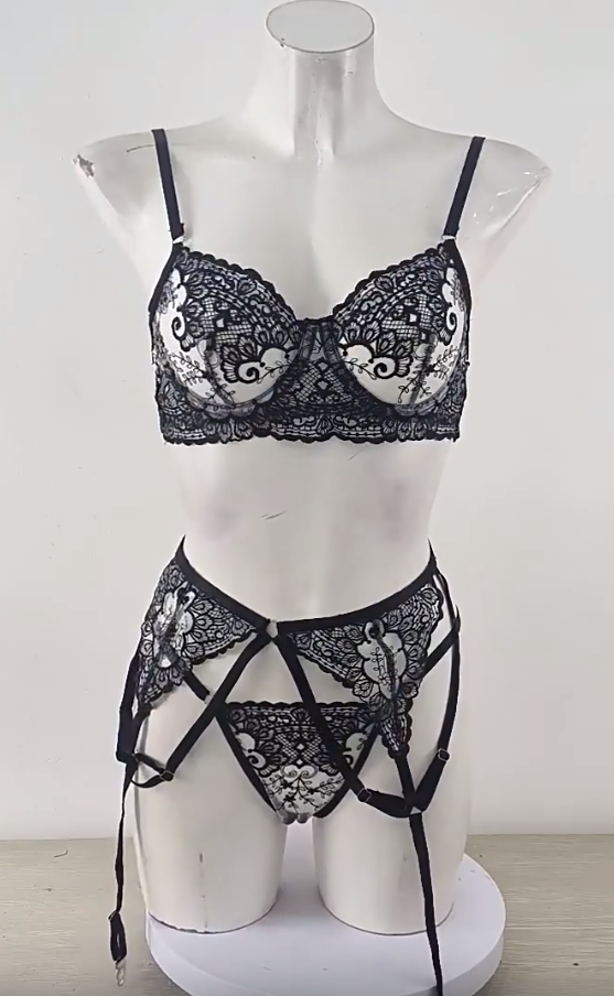 Embroidered Perspective Lingerie Multi Piece Set