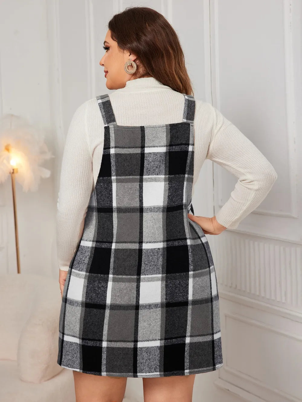 Plaid Wide Strap Overall Dress - Plus Size