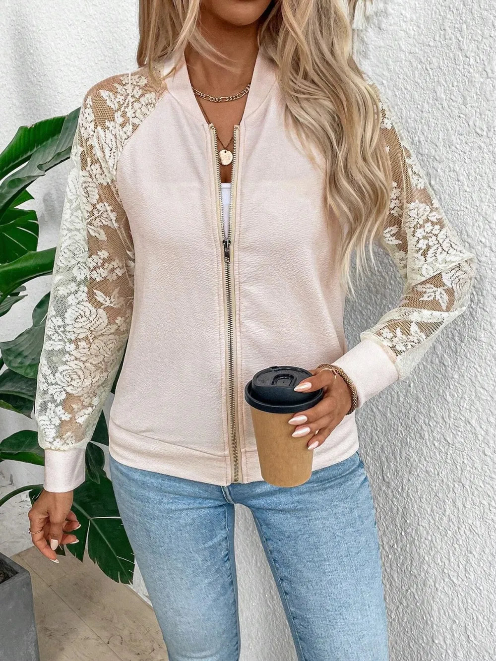 Lace Sleeve Baseball Collar Zip Up Jacket