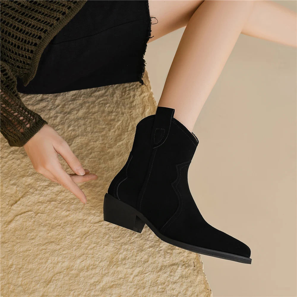 Suede Thick Heel Ankle Cowboy Boots