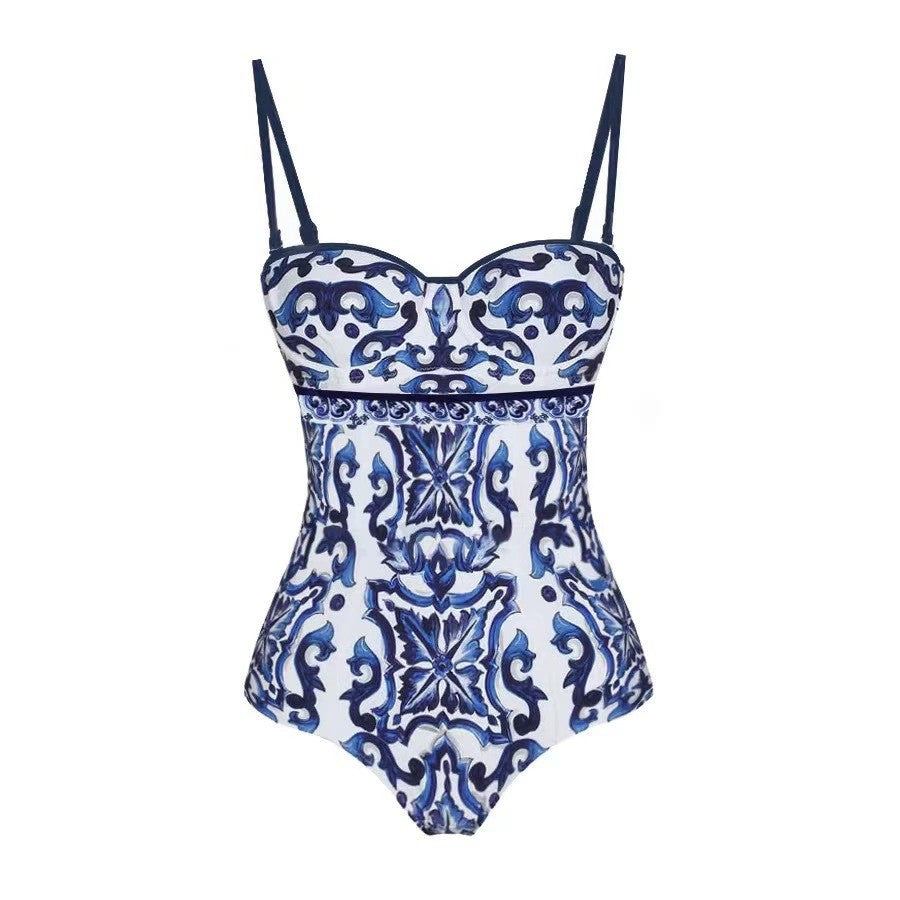 Retro Print Spaghetti Strap Swimsuit Set