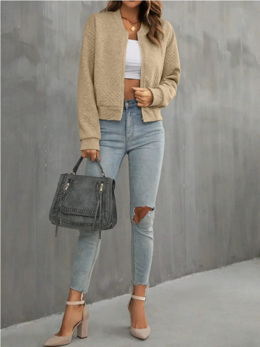 Zip Up Long Sleeve Bomber Jacket