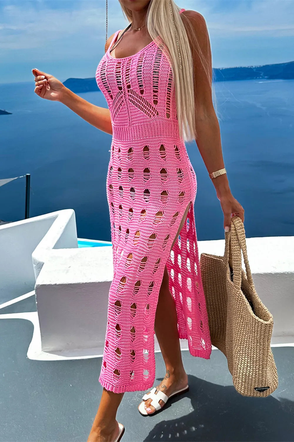 Openwork Slit Scoop Neck Bikini Cover Up