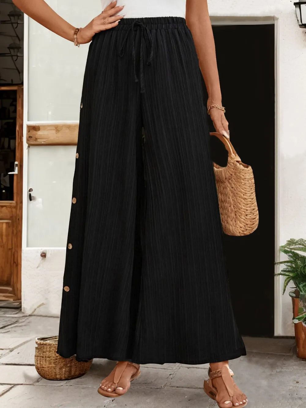 Button Slit Wide Leg Pants