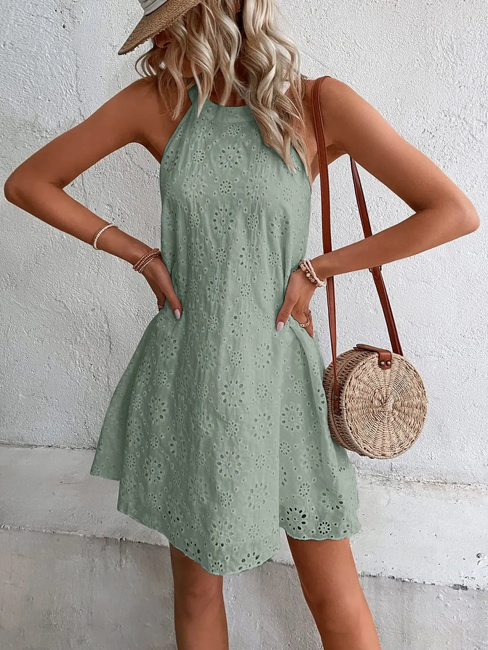 Eyelet Grecian Neck Halter Dress
