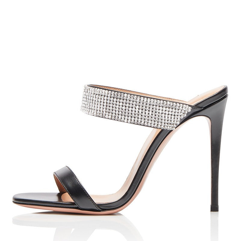 Open Toed Slip On Rhinestone High Heels