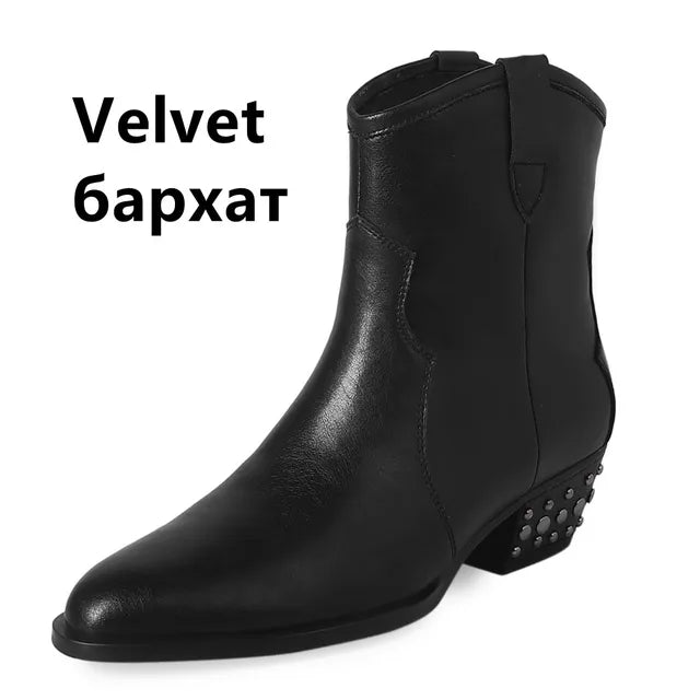 Sharp Toe Cowhide Thick Heel Rivet Cowboy Boots