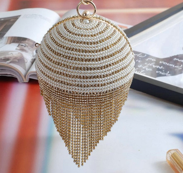 Diamond Tassel Pearl Beaded Clutch