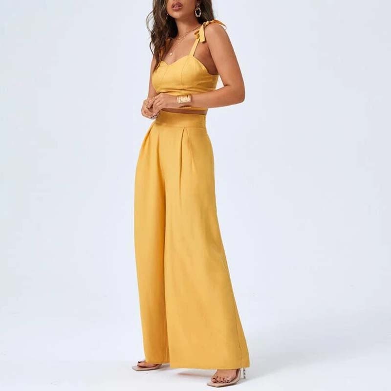 Open Back Suspender Top Wide Leg Casual Pants Two Piece Set