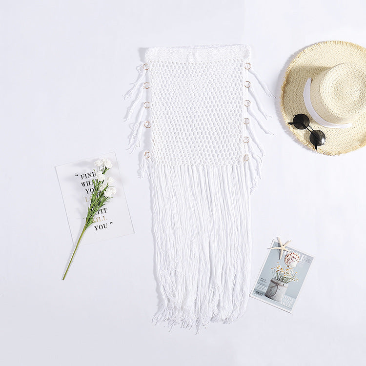 Woven Hip Skirt with Hollowed out Long Tassel Cover Up