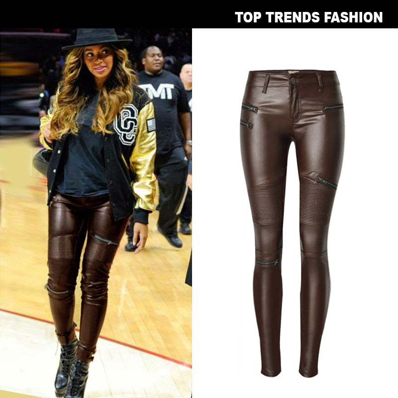 Faux Leather Stitching Multi-Zip Pants - Coffee