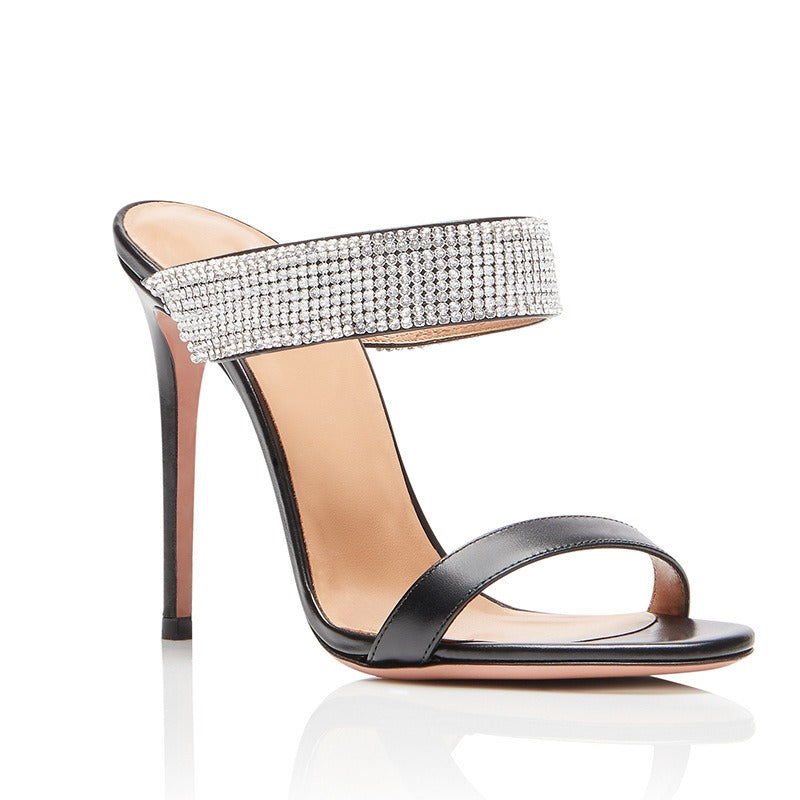 Open Toed Slip On Rhinestone High Heels