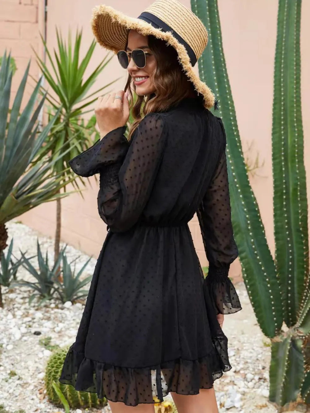 Neck Flounce Sleeve Sheer Mini Dress