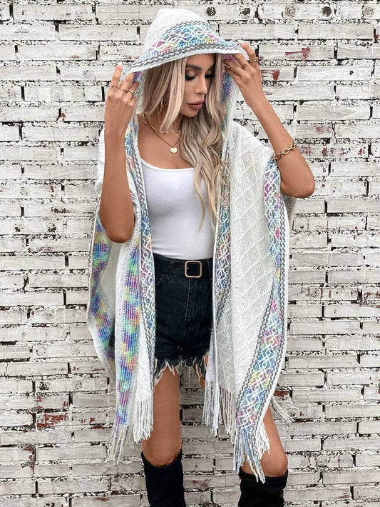 Hooded Tassel Cloak Sweater Shawl
