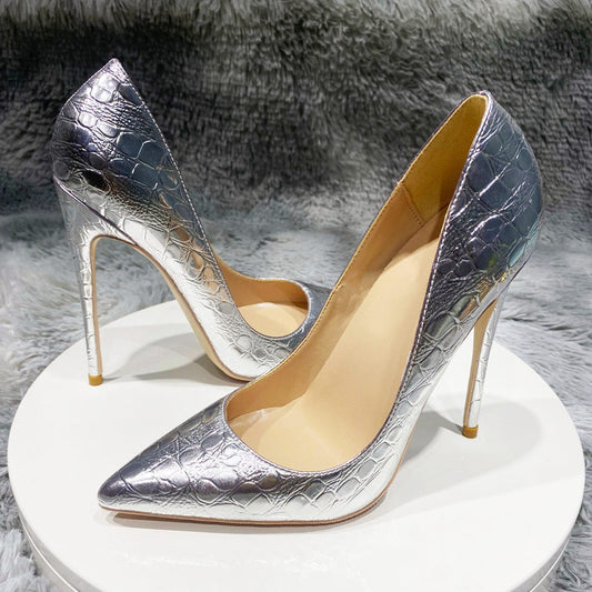 Silver Crocodile-Effect Pointed Toe High Heels