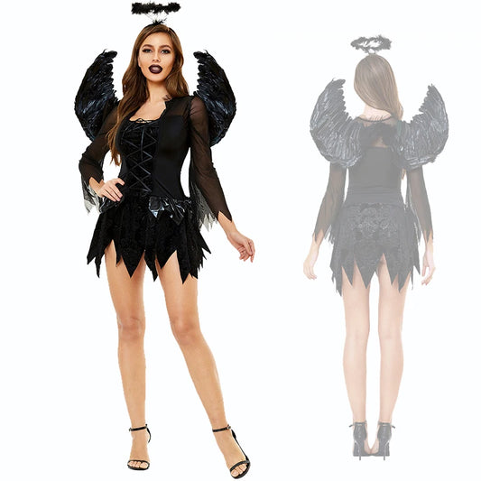 Black Angel Fairy Feather Wing Fantasy Dress Halloween Costume