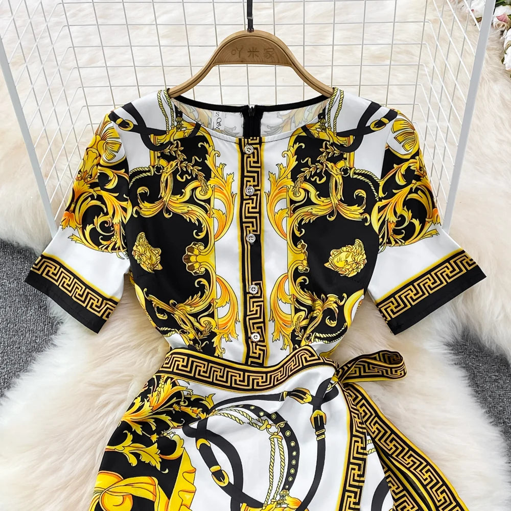 O-Neck Asymmetric Tunic Slim Empire Printed Lace Midi Dress