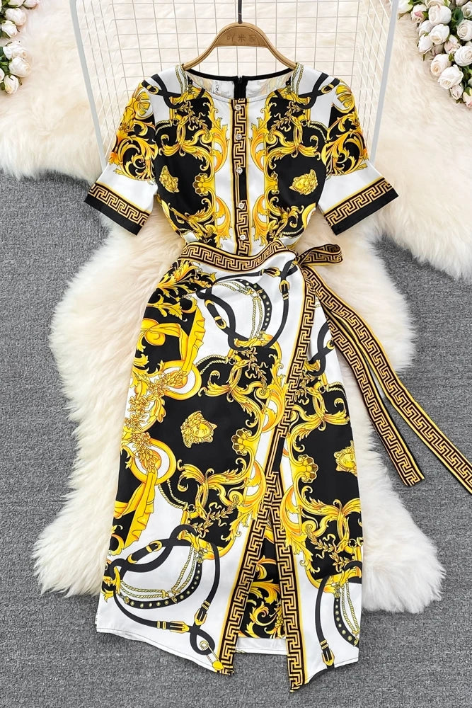 O-Neck Asymmetric Tunic Slim Empire Printed Lace Midi Dress