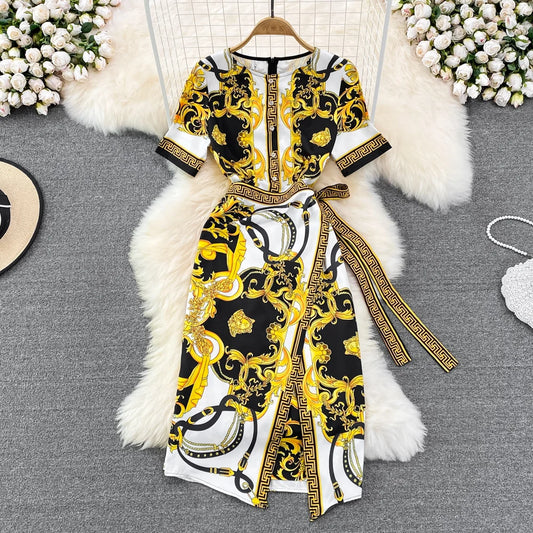 O-Neck Asymmetric Tunic Slim Empire Printed Lace Midi Dress