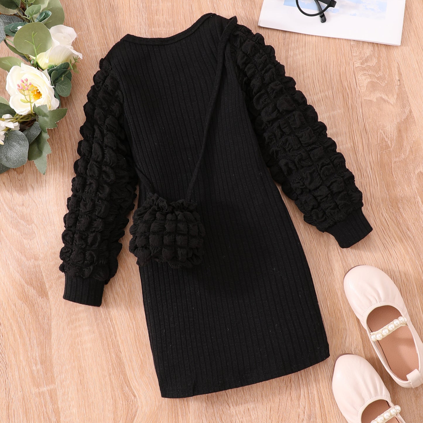 Bubble Sleeve Sunken Stripe Dress