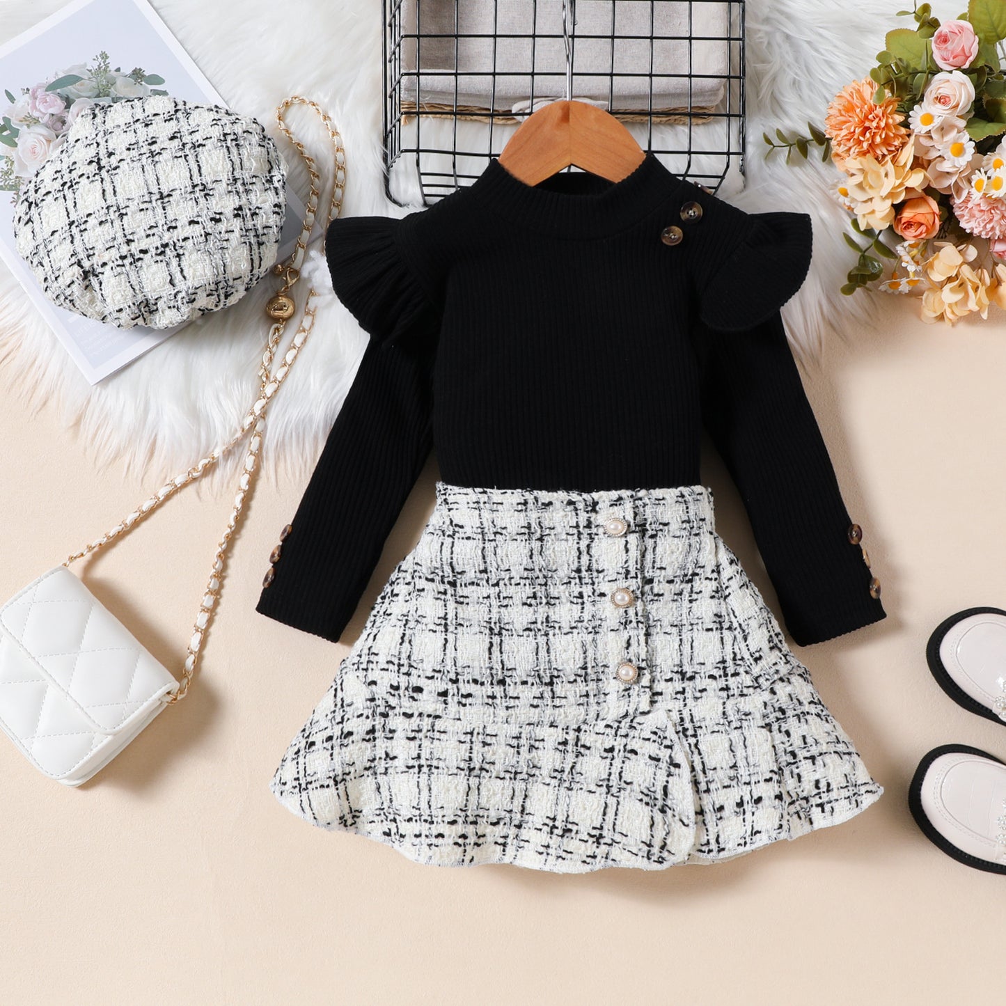 Sunken Stripe Flying Sleeve Top with Plaid Fishtail Skirt + Hat Set