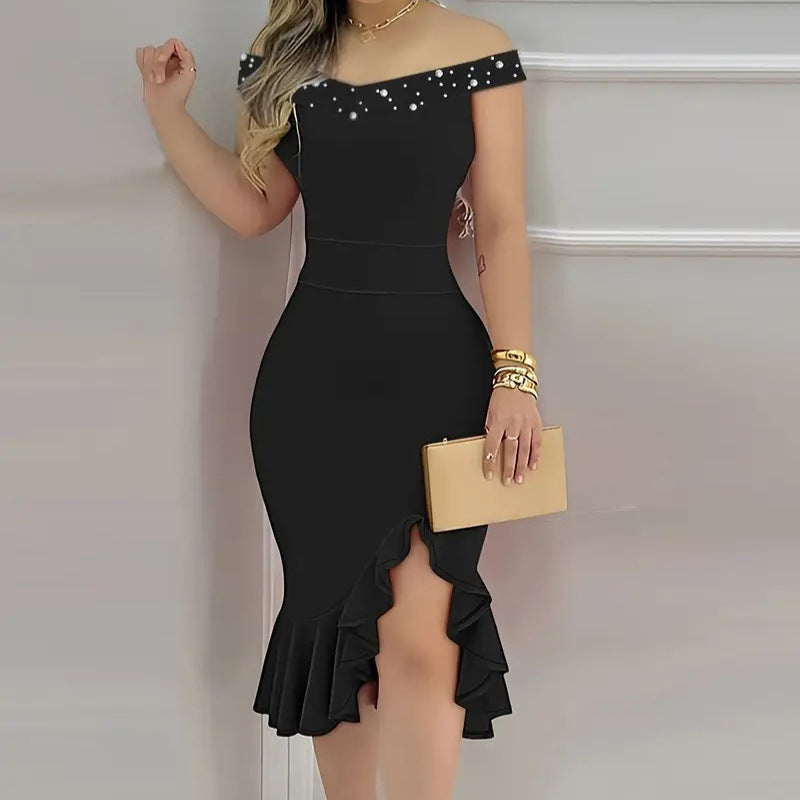 Skinny Sheath Off-shoulder Ruffled Dress