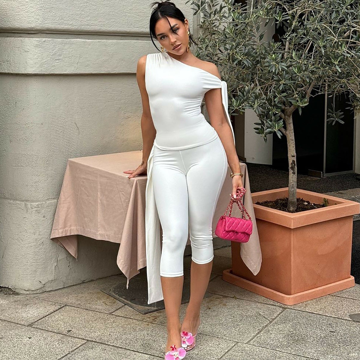 One-Shoulder Bandage Tight Two-Piece Set