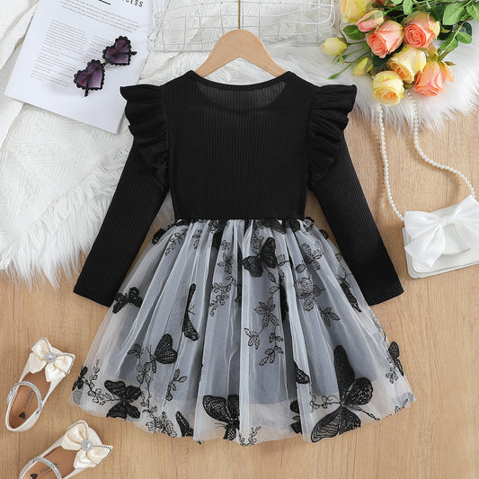 Mesh Butterfly Ruffle Shoulder Dress