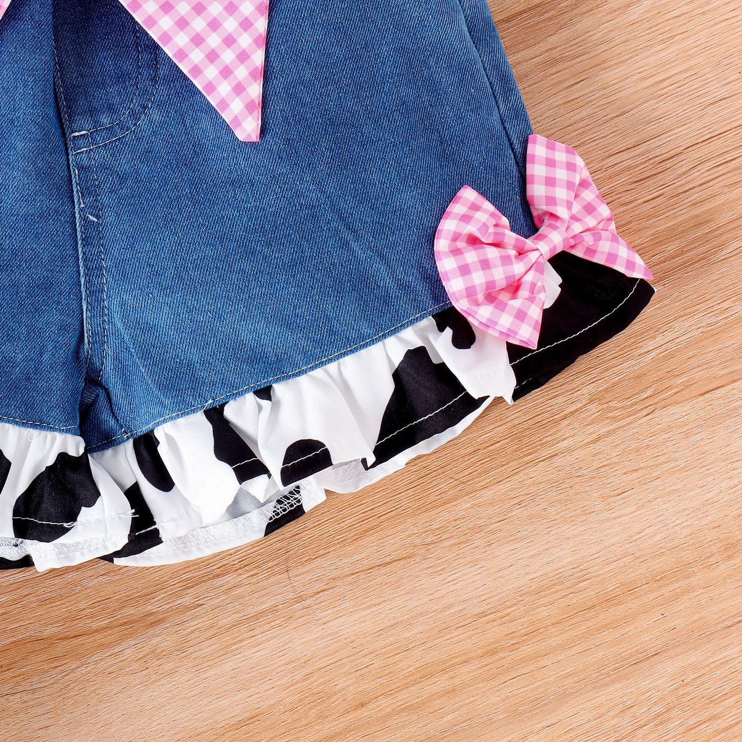 Flounced Sleeve Cow Print Denim Stitching Shorts Set
