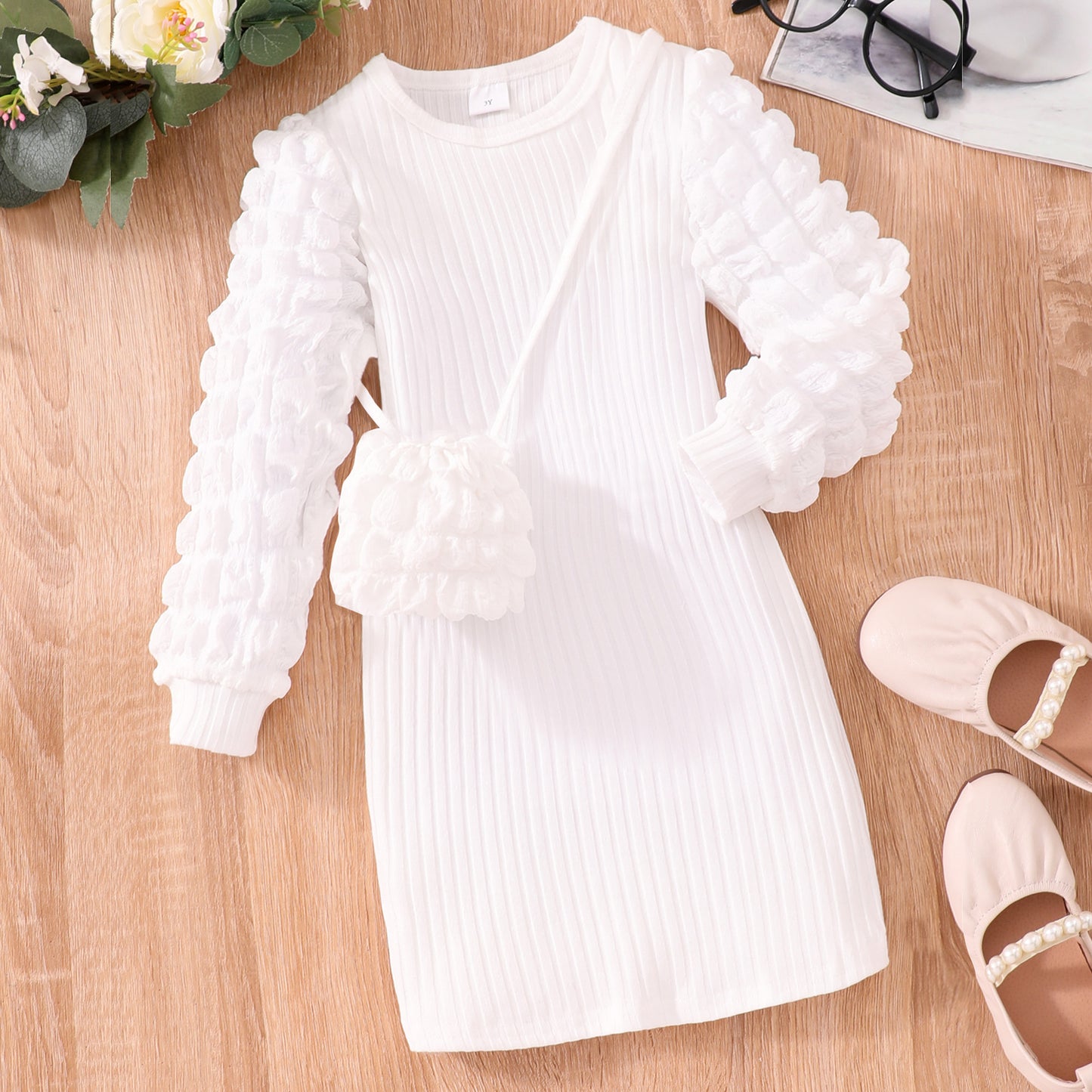 Bubble Sleeve Sunken Stripe Dress