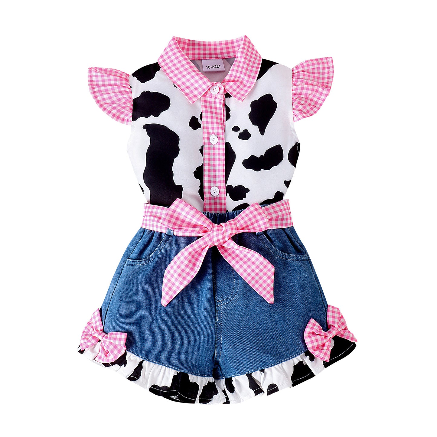 Flounced Sleeve Cow Print Denim Stitching Shorts Set