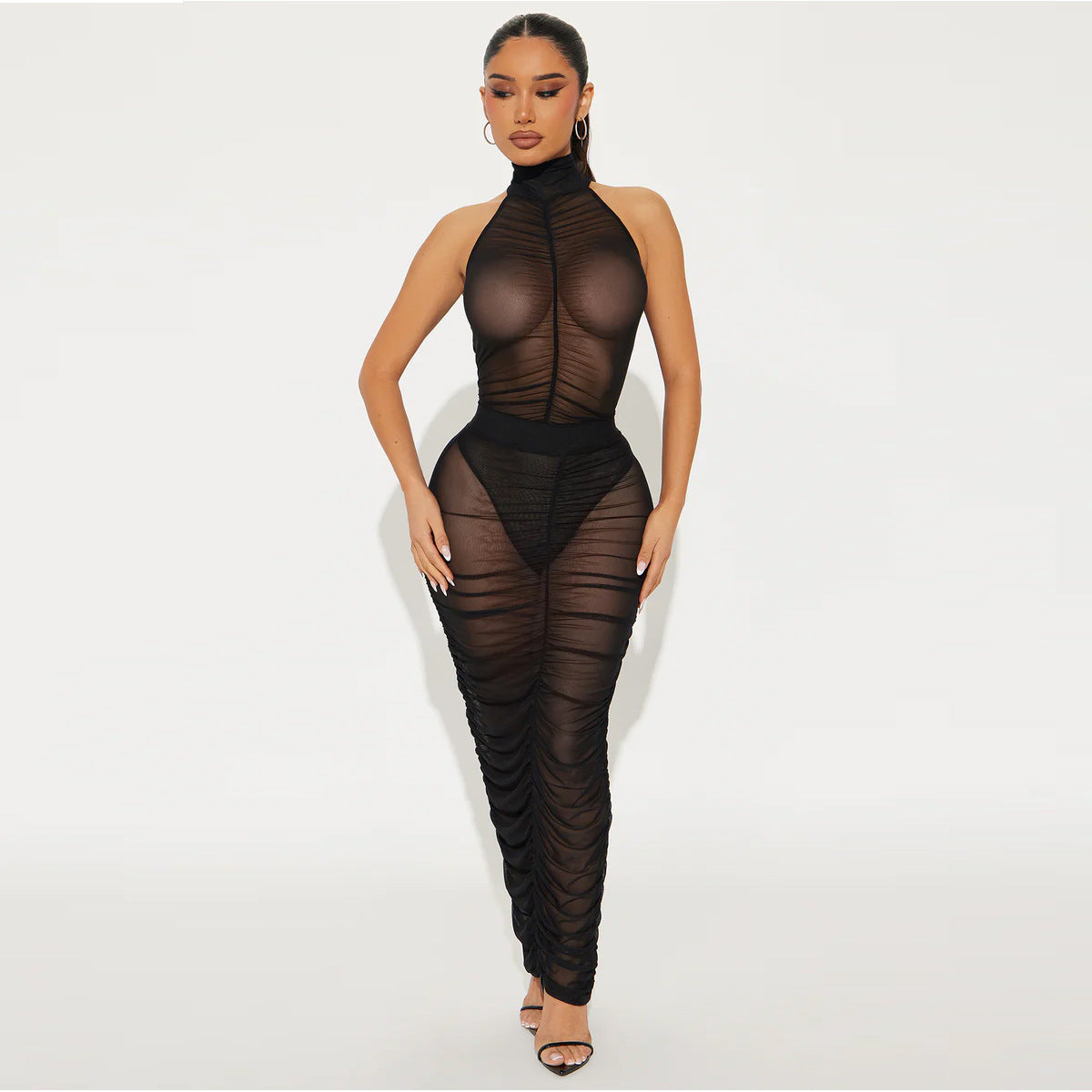 Mesh See-through Leotard Pleated Long Skirt Two-Piece