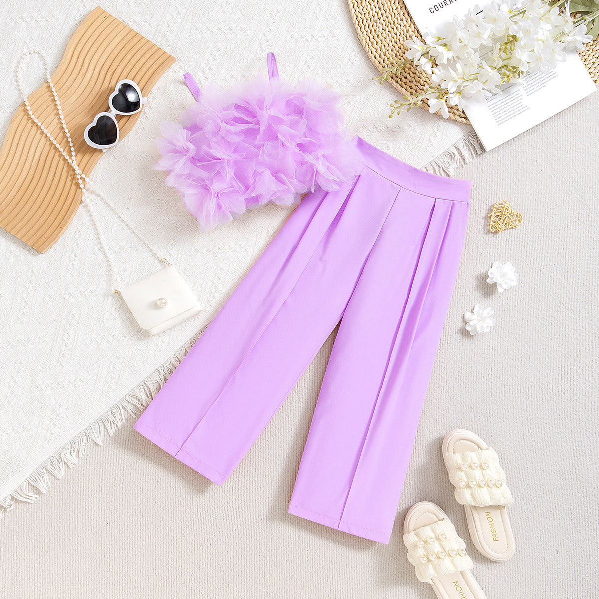 Mesh Three-Dimensional Flower Sling Top Outfit
