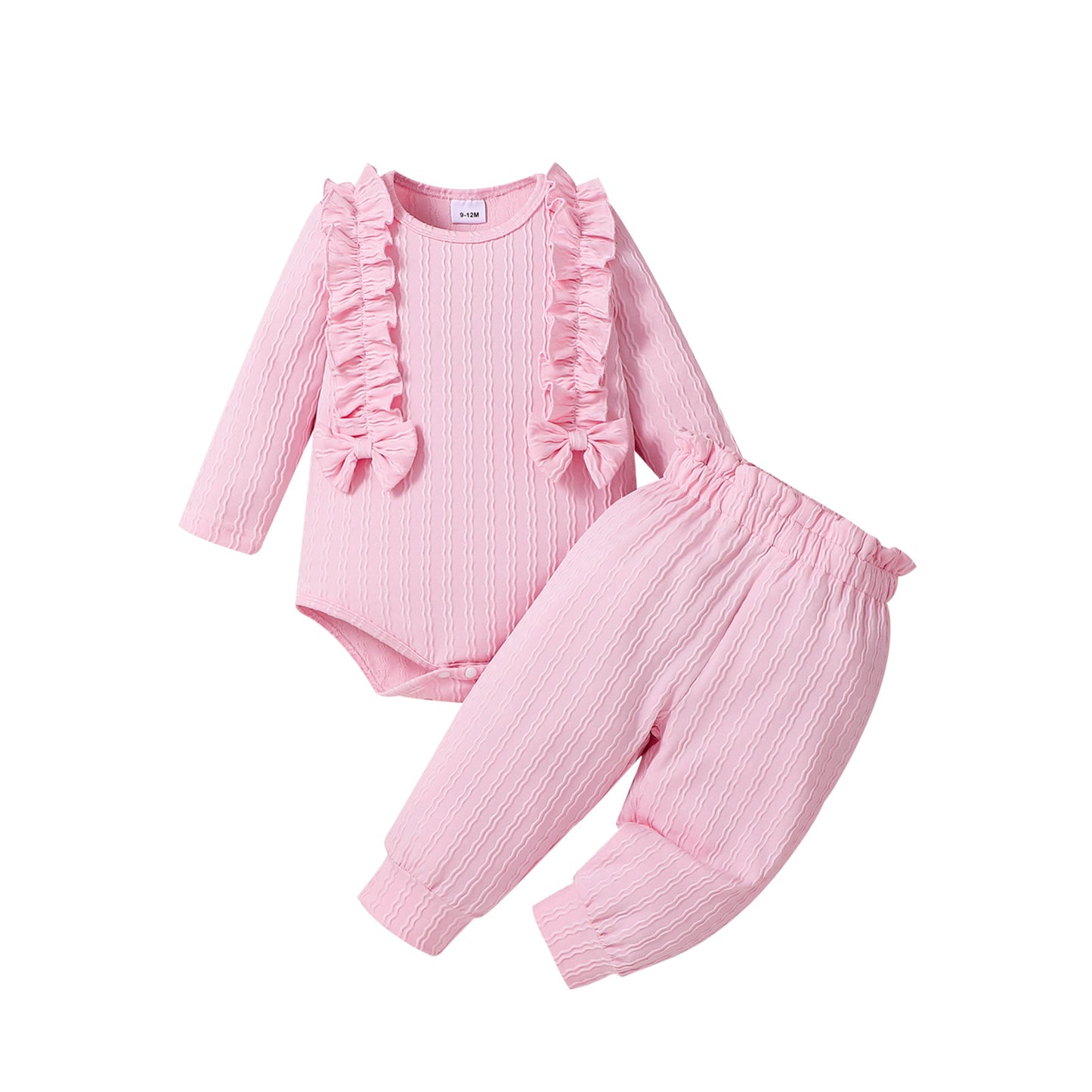 Ribbed Frill Long Sleeve Romper And Pants Suit With Headscarf 3 Piece Set