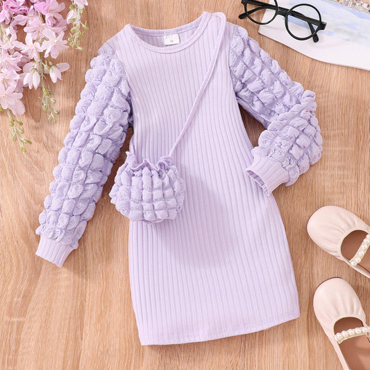 Bubble Sleeve Sunken Stripe Dress