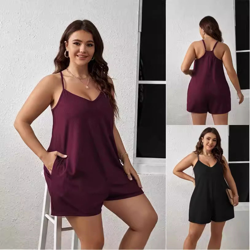 V-neck Suspender Jumpsuit - Plus Size
