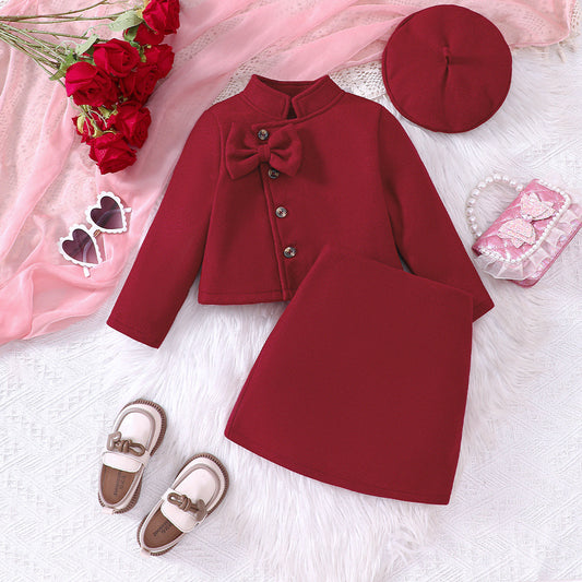 Woolen Bow Top Skirt Outfit
