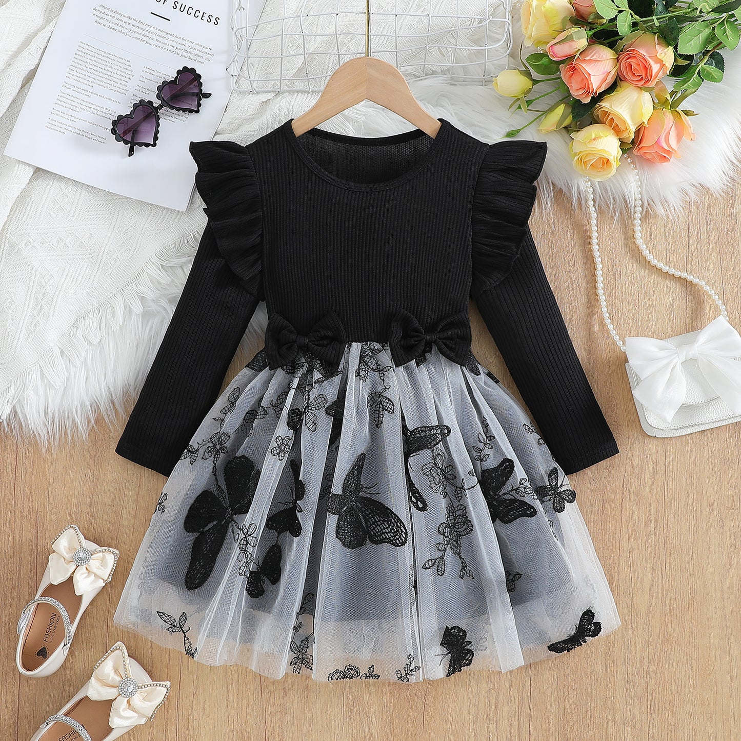 Mesh Butterfly Ruffle Shoulder Dress