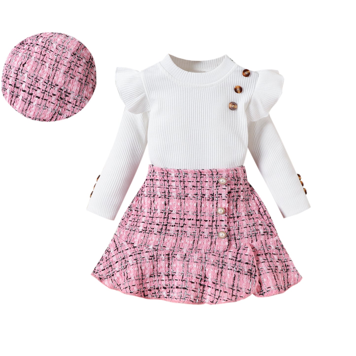 Sunken Stripe Flying Sleeve Top with Plaid Fishtail Skirt + Hat Set