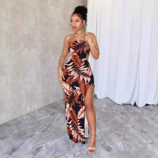 Wrapped Chest Flower Print High Slit Long Dress