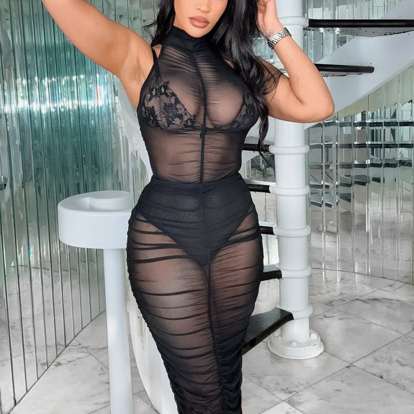 Mesh See-through Leotard Pleated Long Skirt Two-Piece