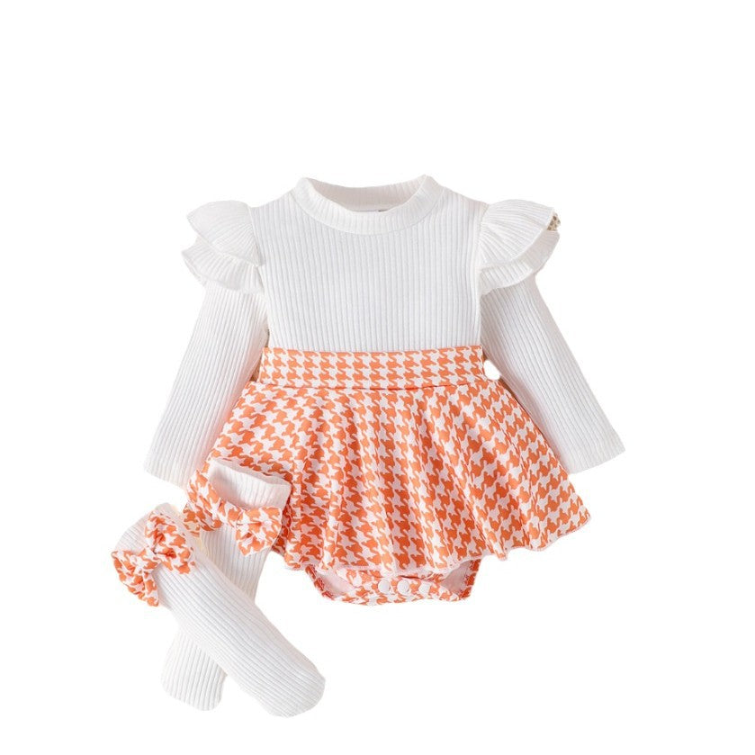 Sunken Stripe Houndstooth Skirt One-piece Romper