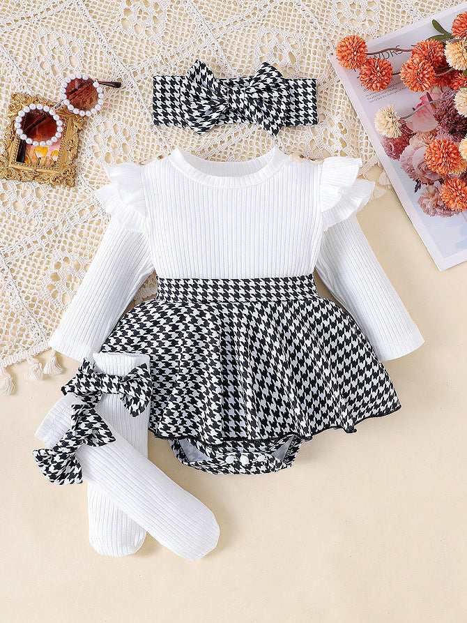 Sunken Stripe Houndstooth Skirt One-piece Romper