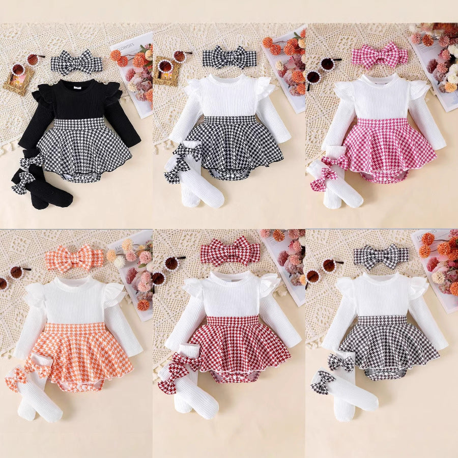 Sunken Stripe Houndstooth Skirt One-piece Romper