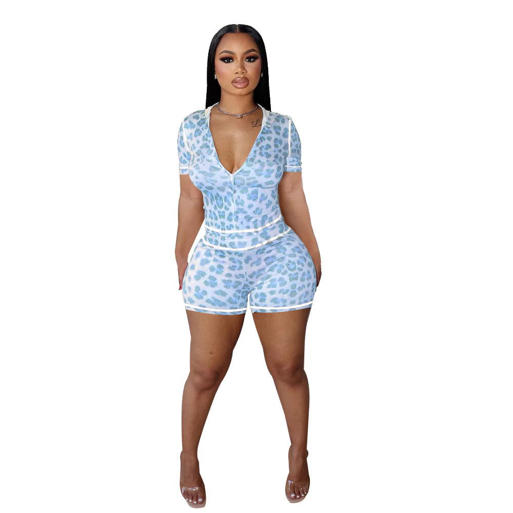 Leopard Print Zipper Hooded Two-Piece Set