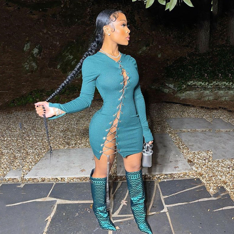 Chain Lace-up Cutout Dress