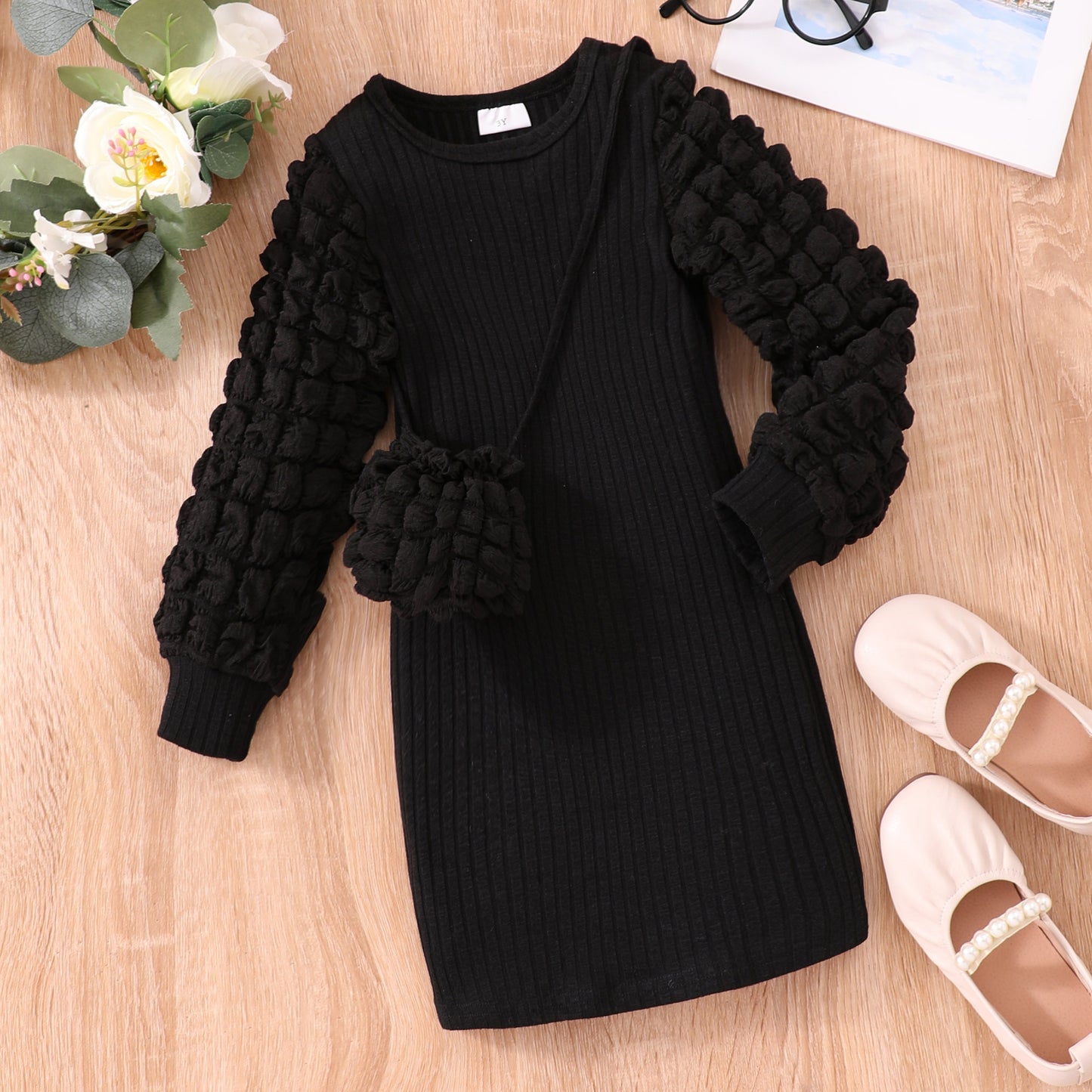 Bubble Sleeve Sunken Stripe Dress