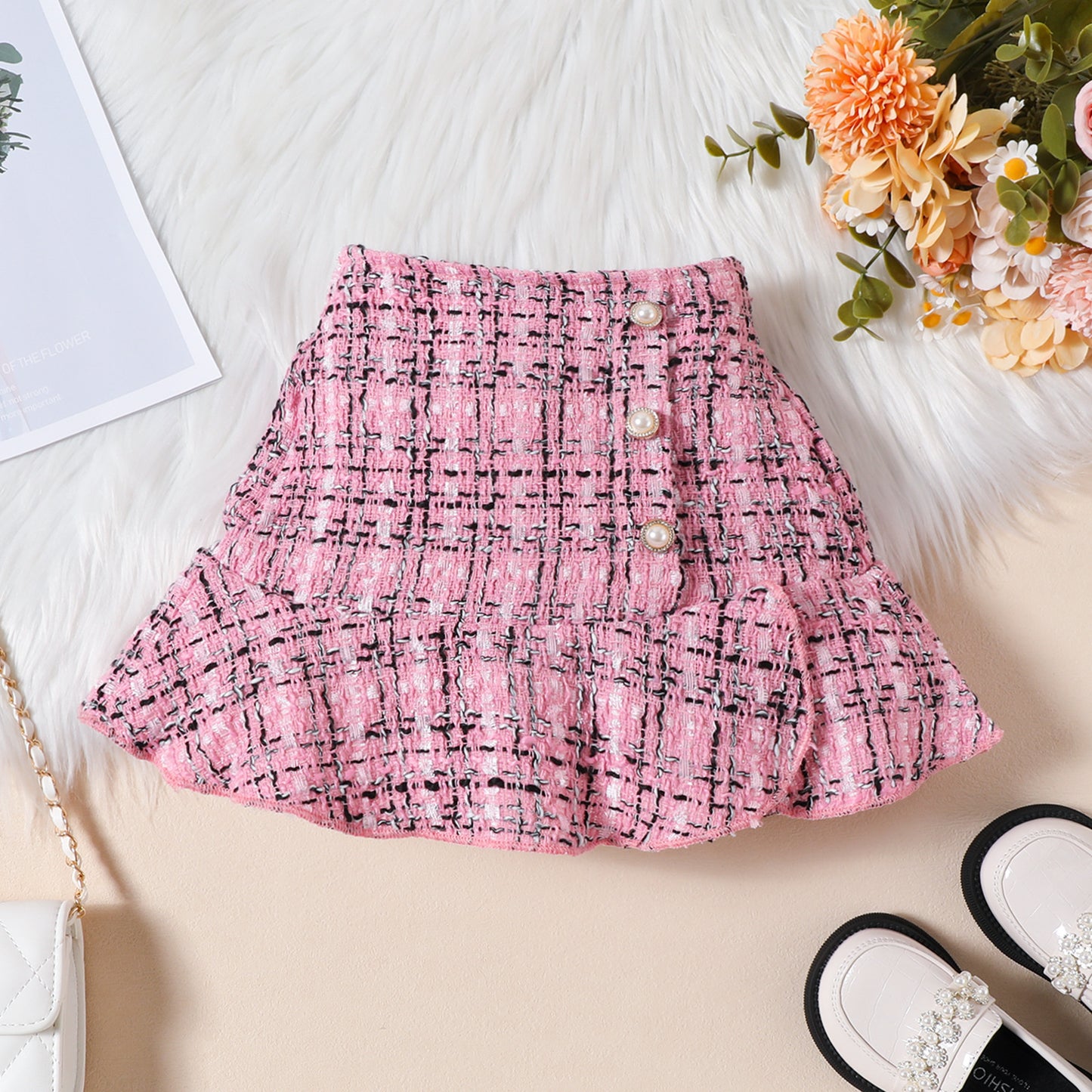 Sunken Stripe Flying Sleeve Top with Plaid Fishtail Skirt + Hat Set